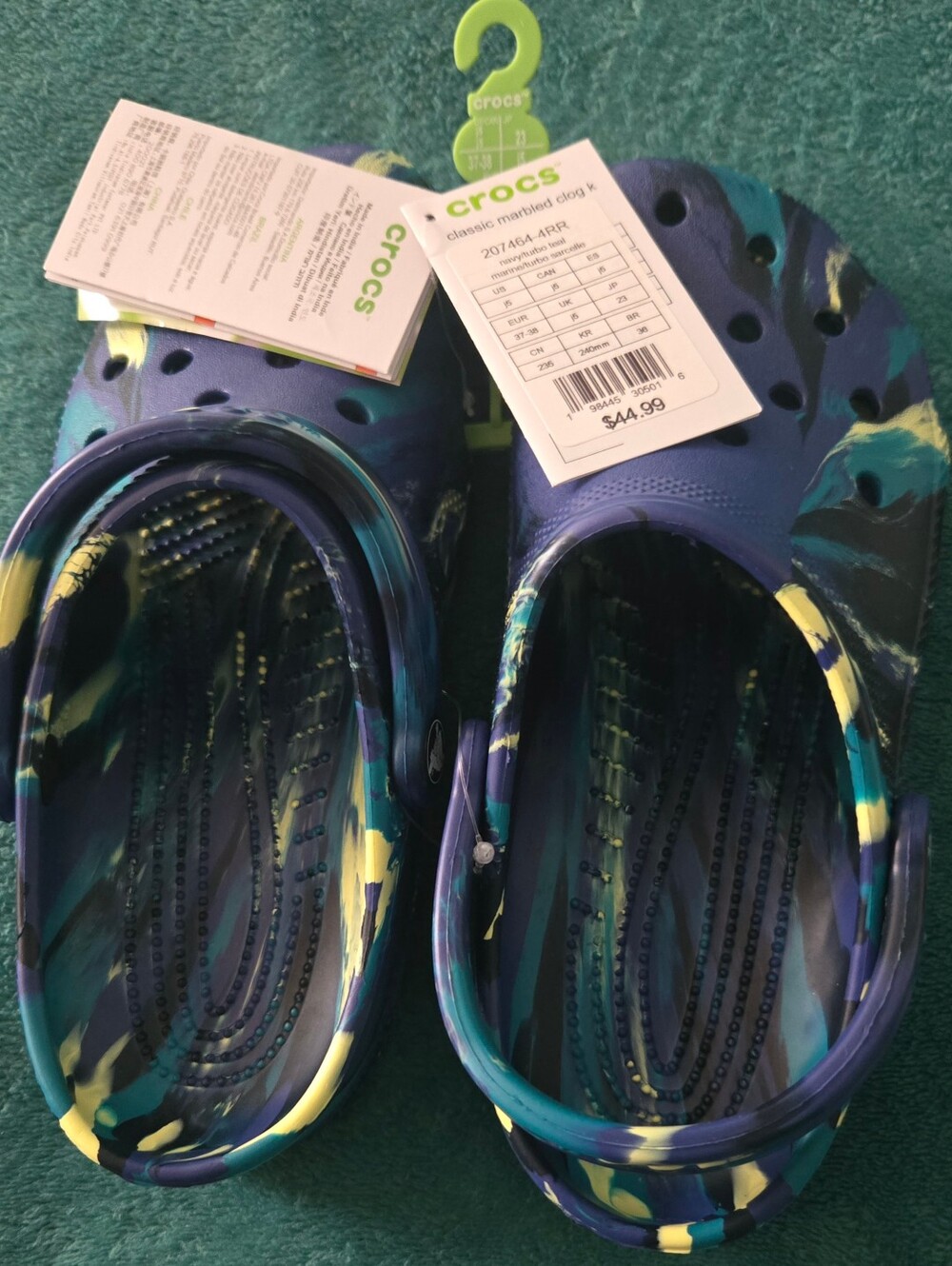 CROCS Classic Marbled Clogs in Blue, Teal & Yellow